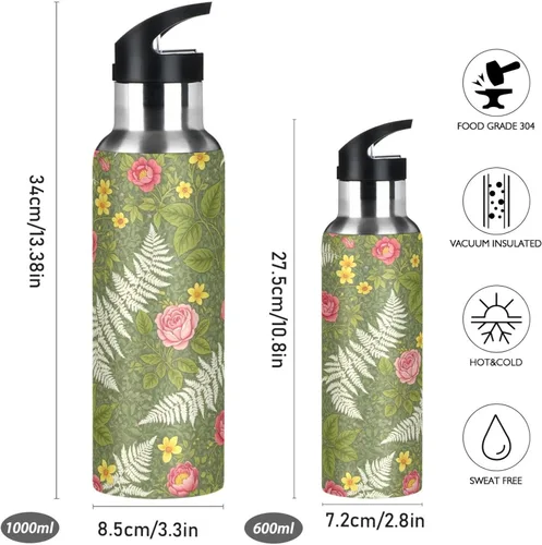 Vista 2 de Vintage Botanical Flowers Green Stainless Steel Vacuum Insulated Water Bottle 20 Oz Leakproof Water Bottles, BPA-Free Sports Water Bottle