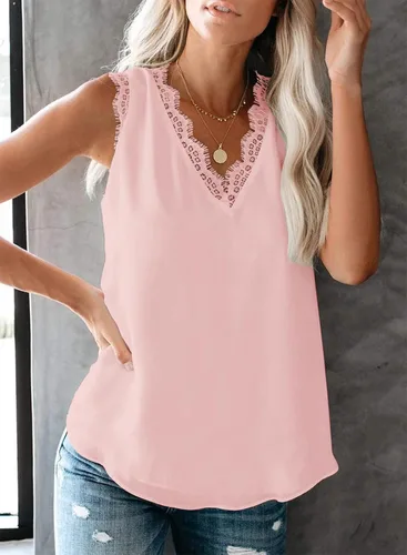 Vista 26 de VIISHOW - Camiseta sin mangas, sexy, con cuello en V y bordes de encaje para mujer, camisola de vestir, camisas de gasa, sin mangas, casuales