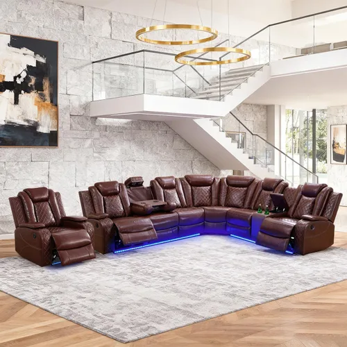 Vista 21 de Juego de sofá modular reclinable eléctrico para sala de estar, juego de sofá reclinable de cuero con luces LED / almacenamiento oculto, sofá