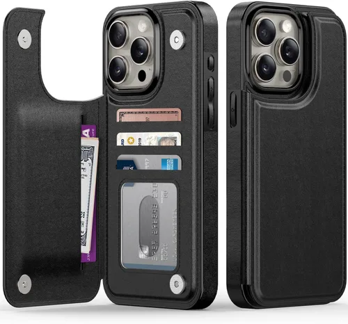 Vista 77 de FUNMIKO Funda tipo cartera para iPhone 15 con tarjetero + clip para efectivo, bloqueo RFID, protección contra caídas de grado militar y obras