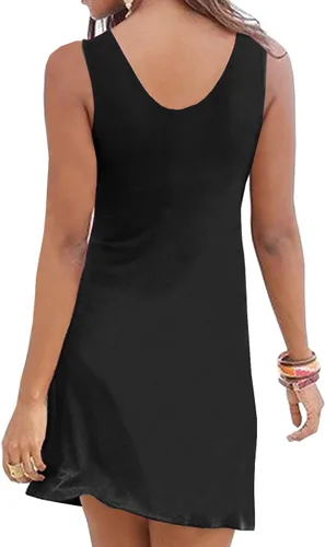 Vista 3 de Vestido casual de verano para mujer, con cuello en V profundo, para playa, estilo imperio, con vuelo, sin mangas, nudo frontal Negro