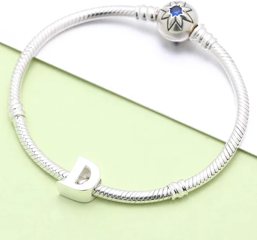 Vista 4 de Abalorio de plata de ley 925 con letra inicial de la A a la Z, se adapta a pulseras Pandora, collar, Plata esterlina