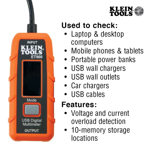 Vista 4 de Klein Tools ET900 Medidor de potencia USB, medidor digital USB-A para voltaje, corriente, capacidad, energía, resistencia
