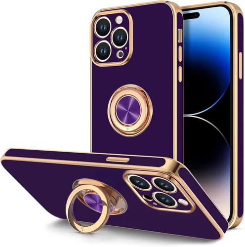 Vista 11 de Hython - Funda para iPhone 14 Pro con soporte de anillo [soporte magnético de anillo giratorio de 360°] [soporte para montaje en coche] Borde dorado