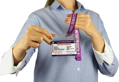 Vista 5 de Concientización de la tarjeta médica con panel grabable y cordón modelado, tarjeta de PVC de contacto de emergencia (Demencia)