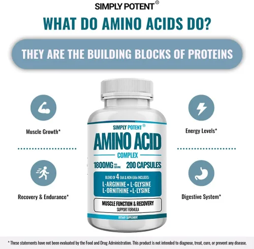 Vista 4 de Simply Potent Complejo de aminoácidos 1800 mg 200 cápsulas, mezcla de 4 aminoácidos esenciales y no esenciales, incluye L-arginina 550 mg