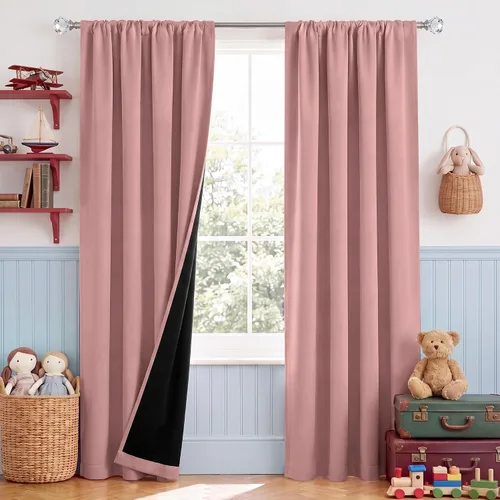 Vista 105 de NICETOWN Biscotti Beige 100% Cortinas opacas de 45" de largo para cocina, bolsillo con varilla para sótano completamente opaco, cortinas térmicas