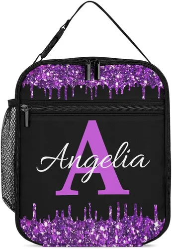 Vista 15 de Bolsa de almuerzo con nombre personalizado para hombres y mujeres, con monograma de purpurina azul, hielera, portátil, con nombre, para niñas