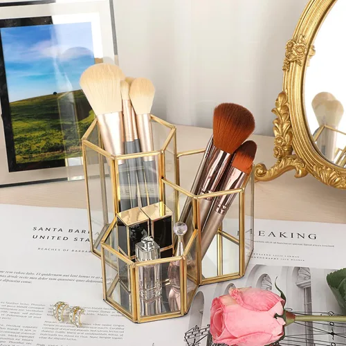 Vista 7 de Hipiwe Porta brochas de maquillaje de vidrio, 3 ranuras espejadas, organizador de brochas de cosméticos doradas, vitrina, caja de almacenamiento
