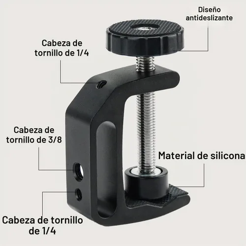 Vista 4 de abrazadera en forma de C universal con rosca de 1/4 y 3/8 para soporte de montaje en escritorio, monitor LCD, flash, carros, bancos, mesas