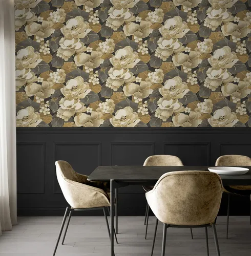 Vista 8 de NextWall Nouveau - Papel tapiz floral para despegar y pegar (ébano y oro antiguo)