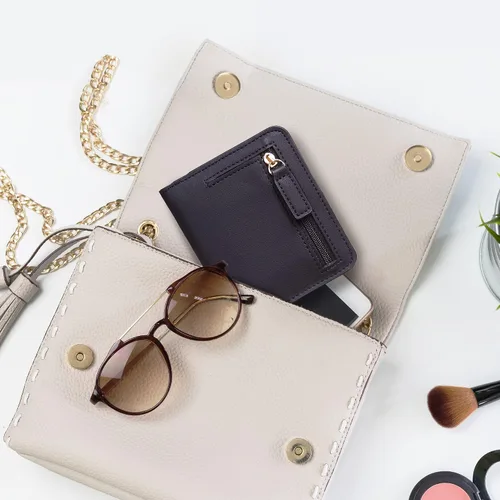 Vista 5 de Gostwo - Cartera compacta de piel genuina de lujo para mujer con bloqueo de RFID y ventana de identificación