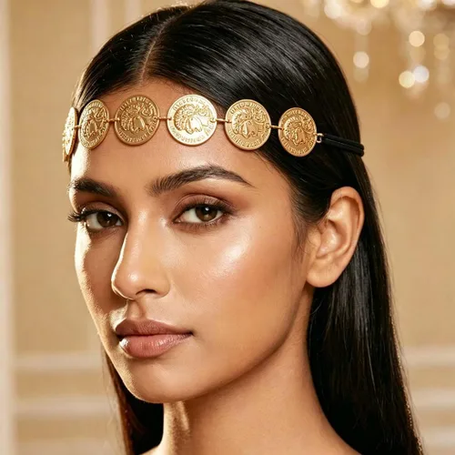 Vista 2 de Yalice Cabeza de moneda dorada, diadema elástica, diadema india, accesorios para el cabello de la frente de los años 20 para mujer