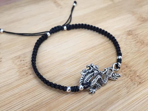 Vista 3 de Unisex fashion Black Braided Delicate Bracelet with Silver Dragon Design