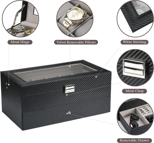 Vista 5 de Caja de reloj con 12 ranuras para hombres, organizador de joyas para hombre, estuche de exhibición con cajón, cajas de almacenamiento de relojes
