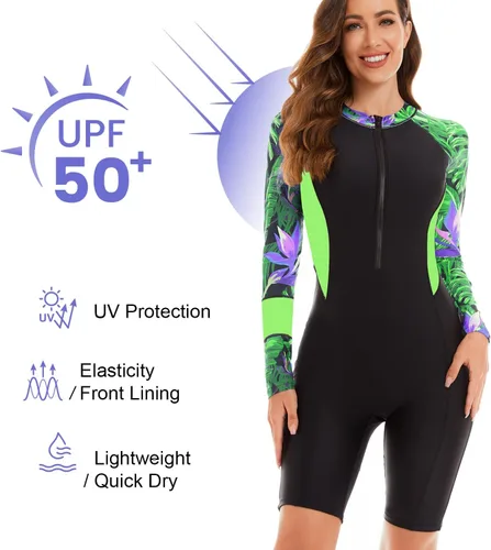 Vista 2 de NESY Traje de baño de una pieza de manga larga para mujer, traje de baño Boyleg Rash Guard UPF 50+, traje de baño deportivo para surf
