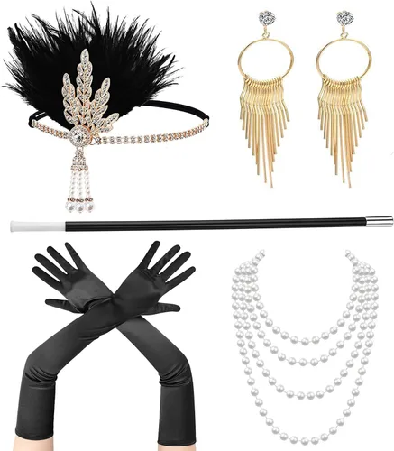 Vista 8 de Conjuntos de accesorios Flapper de los años 20 para mujer, gran disfraz de Gatsby, tocado, collar de perlas, guantes, soporte