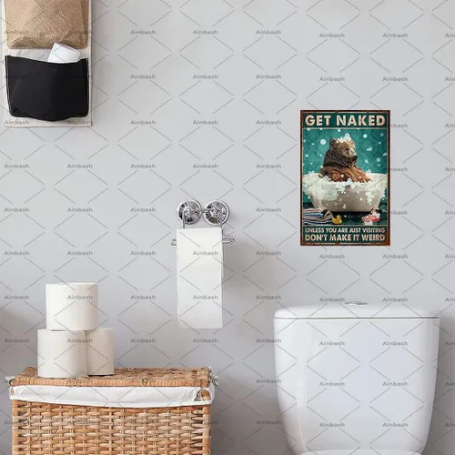 Vista 4 de Cartel retro de metal con diseño de oso de baño, póster de metal con oso divertido, arte de pared para baño, decoración para colgar en el baño