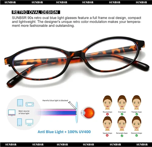 Vista 5 de Lentes ovalados retro para mujeres y hombres, vintage ovalados de los años 90, lentes de luz azul Y2K de cara pequeña, anteojos falsos