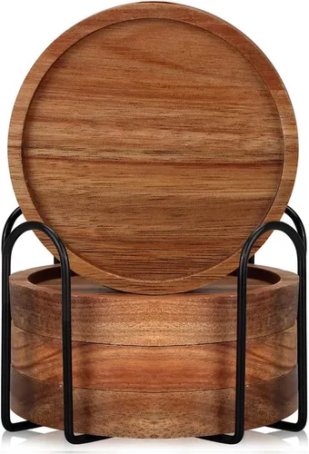 Vista 2 de 4 posavasos de madera de granja con soporte, lindo juego de posavasos de madera para bebidas al aire libre, decoración del hogar, decoración de mesa
