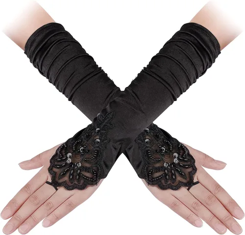 Vista 18 de Cizoe (aa) - Juego de accesorios de estilo Gatsby de la década de 1920, para mujer, diadema de estilo flapper, tocado, collar, guantes