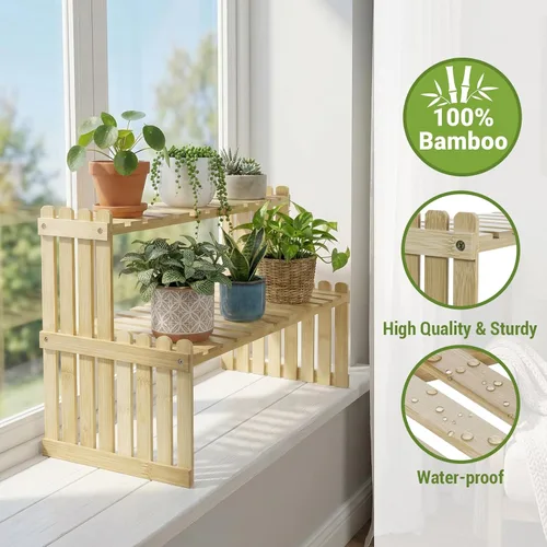 Vista 9 de MyGift soporte para plantas de bambú natural con 2 niveles, para el escritorio, color café
