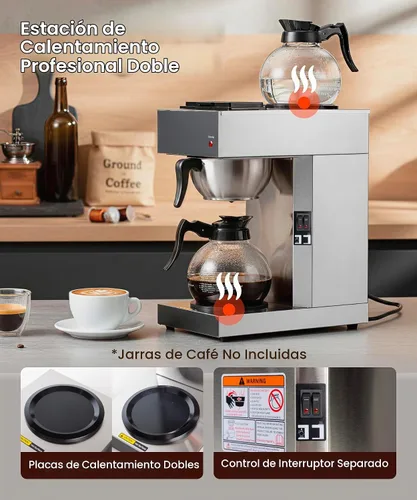 Vista 5 de SYBO - Cafetera comercial de 12 tazas con 2 calentadores Certificado ETL, acero inoxidable, cesta de preparación reutilizable, preparación rápida