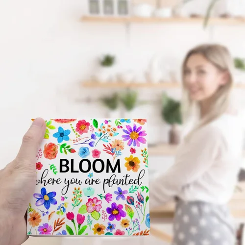 Vista 6 de Decoración de escritorio de primavera, letrero de madera con texto en inglés "Bloom Where You Are Planted", decoración de escritorio de flores