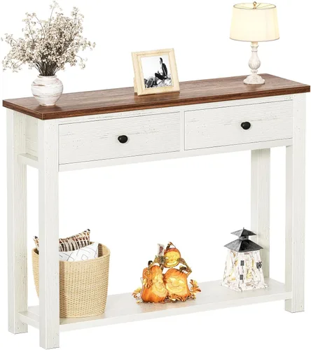Vista 10 de Homieasy Mesa consola de granja con 3 cajones, mesa de sofá de madera de 47 pulgadas con estante de almacenamiento para sala de estar, detrás