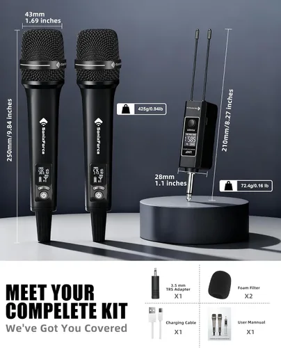 Vista 7 de Micrófonos inalámbricos, micrófono de karaoke profesional, sistema UHF de doble micrófono con rango de 260 pies, micrófono portátil de metal
