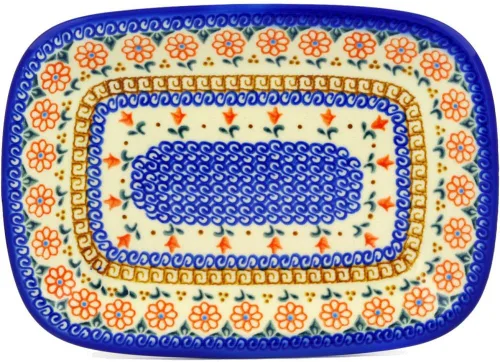 Vista 2 de Auténtico plato de cerámica polaca de 10 pulgadas en diseño amarillo hecho a mano en Bolesławiec Polonia por Ceramika Bona + certificado