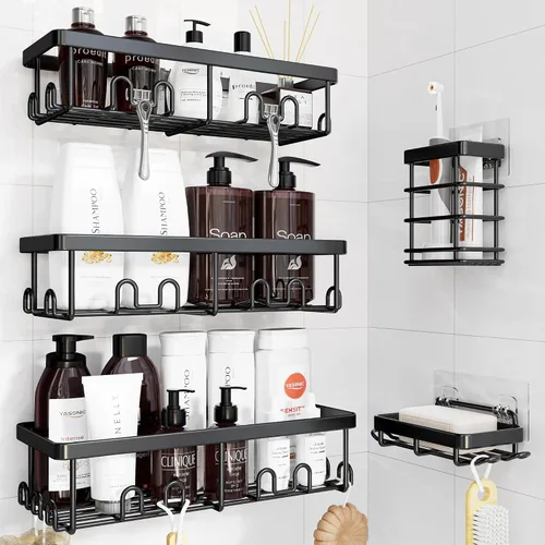 Vista 10 de YASONIC Shower Caddy Adhesive, Rustproof Shower Organizer, Wall Shower Rack Negro
