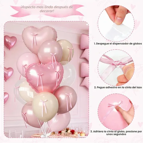 Vista 8 de 16 globos de corazón rosa, globos de lazo de 38 pulgadas, globo transparente rosa perla de doble relleno y arco en forma de corazón globo