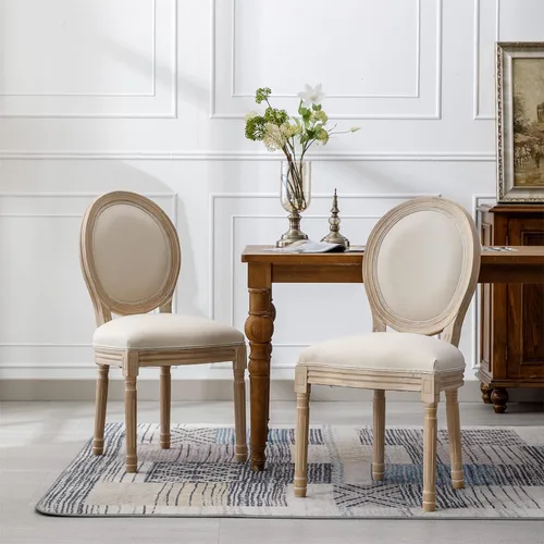 Vista 2 de Juego de 2 sillas de comedor estilo granja, sillas de comedor francesas de madera con respaldo redondo, marco de madera maciza, sillas de bistró