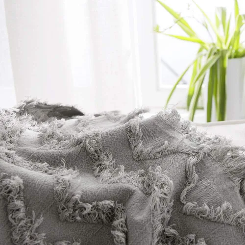Vista 9 de Simple&Opulence Manta 100% algodón para cama, sofá, manta tejida en zigzag tejida bohemia con borlas, suave, ligera, transpirable, acogedora, Gris
