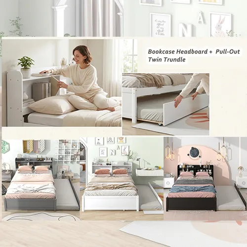 Vista 6 de Bellemave Cama matrimonial con nido y estantería, base de cama de plataforma con almacenamiento para niños, sin ruido, no necesita somier, fácil