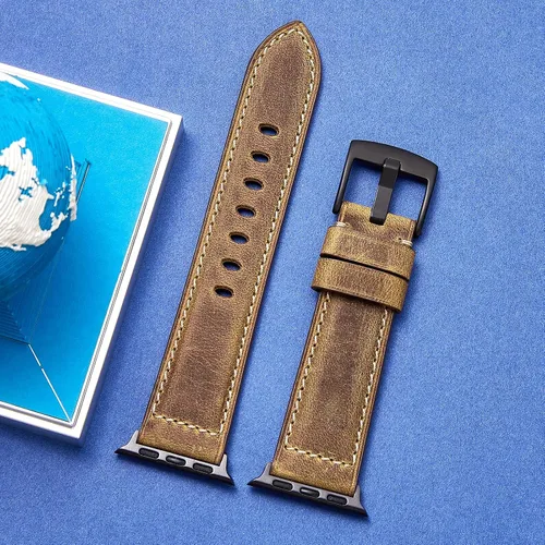 Vista 2 de Genuine Leather Watch Band Compatible with Apple Watch,Italian Cowhide,Retro Style,Black Buckle,Golden Brown and Chestnut Brown,38/40/41mm and