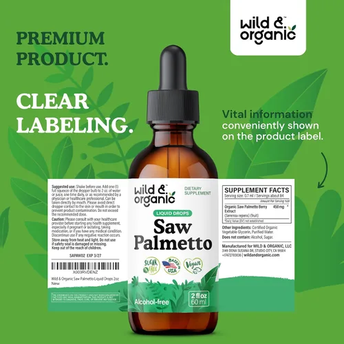 Vista 9 de Wild & Organic Gotas de Extracto de Saw Palmetto - Apoyo Urinario - Saw Palmetto para Hombres y Mujeres - Suplemento Líquido de Bayas de Serenoa