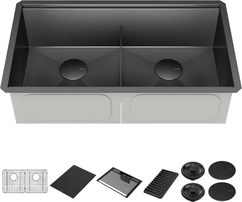Vista 32 de DELTA FAUCET Delta Rivet 25 Pulgadas de Acero Inoxidable Negro Fregadero de Montaje Superior de Calibre 16 para Cocina con Tarja Única en Acabado