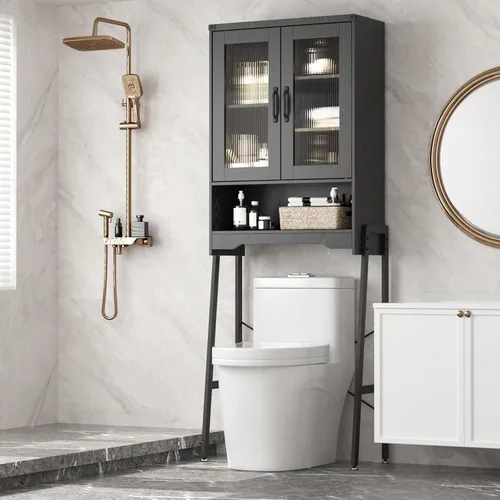 Vista 15 de Gabinete de almacenamiento sobre el inodoro con puertas estilo granja y estante ajustable, organizador de baño alto con soporte de metal que ahorra