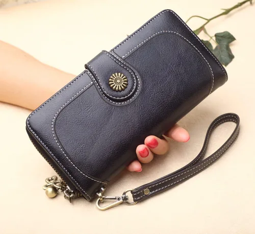Vista 5 de Cartera con tarjetero para mujer, con bloqueo RFID, gran capacidad, de lujo, cera, embrague, Negro -, Cuero