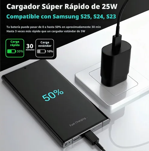 Vista 3 de Galaxy S25 S24 - Bloque de carga USB C de 25 W PD cargador súper rápido con cable tipo C, adaptador de enchufe de pared de 6 pies, carga rápida