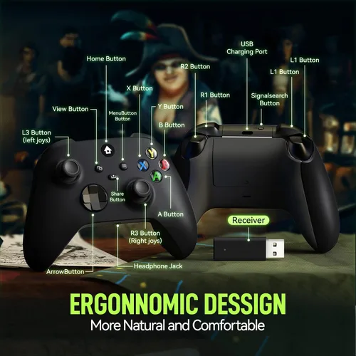Vista 2 de JORREP Xbox Controller inalámbrico para Xbox One, Xbox One SX, consolas Xbox Series XS, PC Windows, adaptador inalámbrico de 2.4 GHz con auriculares