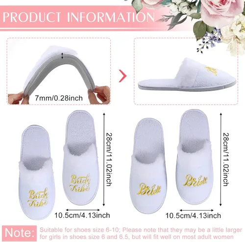 Vista 2 de 7 pares de pantuflas de boda bordadas de tribu de novia y novia, pantuflas de novia peludas, pantuflas blancas para novia, regalo de dama de honor