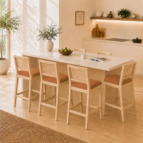 Vista 10 de Juego de 2 taburetes de bar de altura de mostrador, sillas de isla de cocina con respaldo de caña beige, taburetes de bar de ratán con respaldo