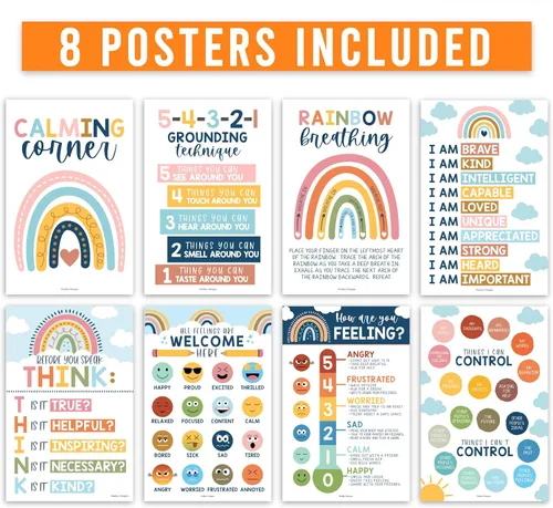 Vista 3 de Hadley Designs 8 Pósters de Rincón Calmante para Aula Imprescindibles para Maestros - Suministros para Rincón de Calma de 11x17, Tabla