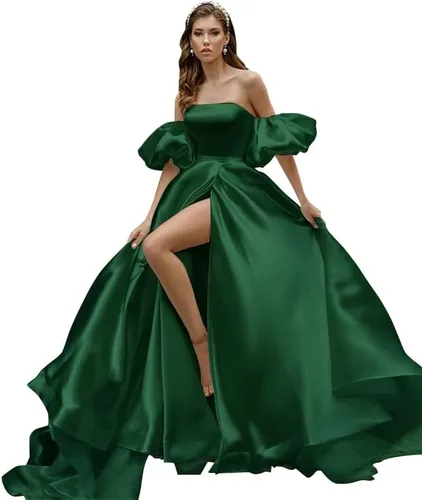 Vista 3 de Fanciest Vestidos de fiesta de satén de manga hinchada 2024 con abertura, vestidos largos de baile para mujer, vestidos de noche formales