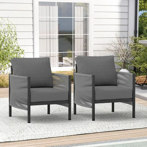 Vista 17 de Sofá de dos plazas de aluminio para patio exterior, sofá de patio de cuerda HDPE con cojín grueso lavable, muebles de patio para todo tipo de clima