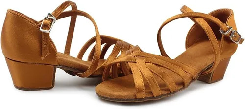 Vista 2 de MSMAX Zapatos de baile latino para niñas, sandalias de baile de salsa de tacón bajo para mujer