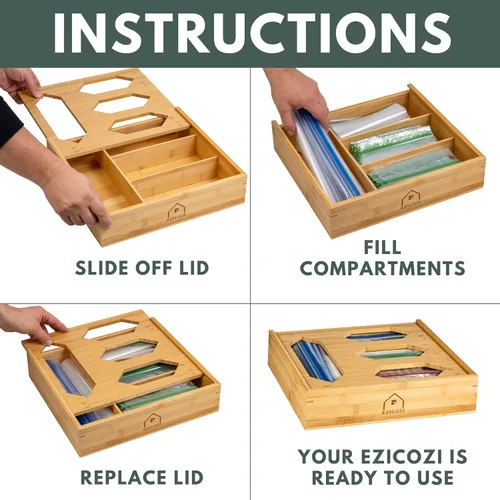 Vista 6 de Organizador de bolsas Ziplock de bambú para cajón de cocina, 4 compartimentos para bolsas de galón, cuarto de galón, sándwich y aperitivos, incluye